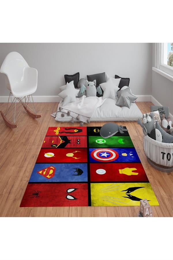 Kaymaz Tabanlı Yıkanabilir Marvel Desenli Çocuk Halısı Dot Taban Halı