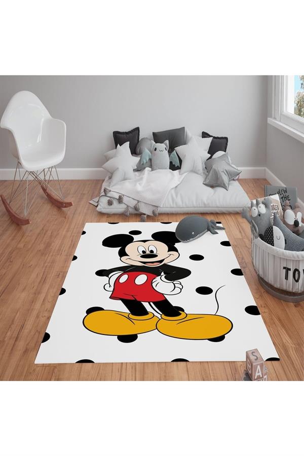 Kaymaz Tabanlı Yıkanabilir Mickey Desenli Çocuk Halısı Dot Taban Halı