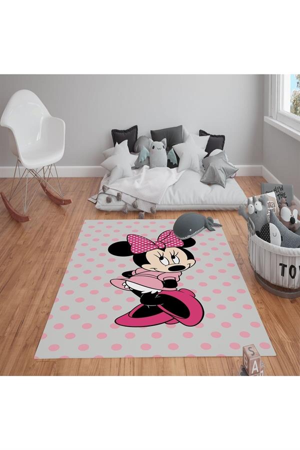 Kaymaz Tabanlı Yıkanabilir Mickey Minnie Desenli Çocuk Halısı Dot Taban Halı