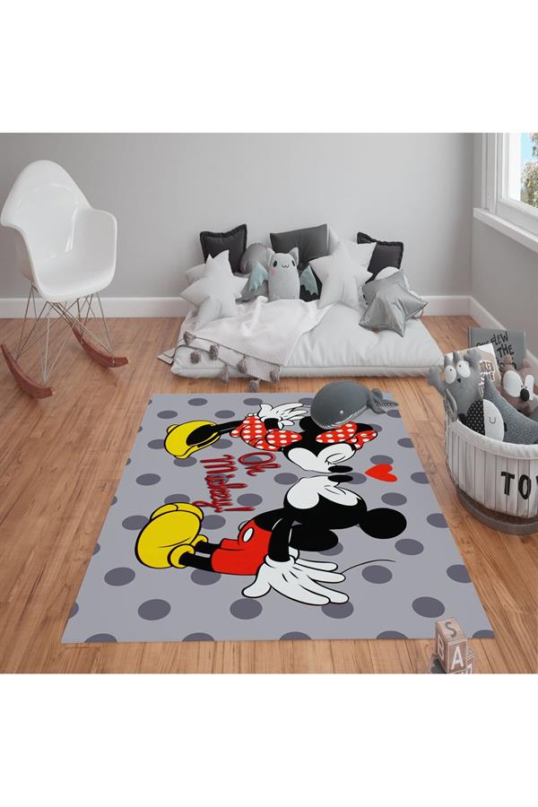 Kaymaz Tabanlı Yıkanabilir Mickey Mouse Desenli Çocuk Halısı Dot Taban Halı