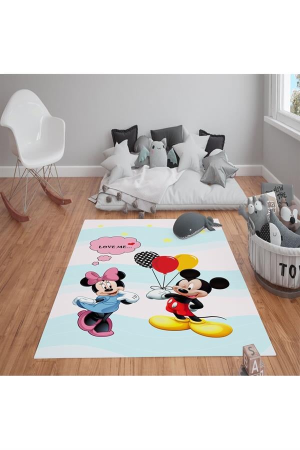 Kaymaz Tabanlı Yıkanabilir Mickey Mouse Desenli Çocuk Halısı Dot Taban Halı