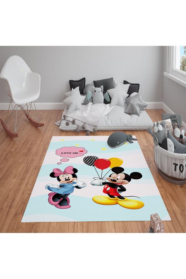Kaymaz Tabanlı Yıkanabilir Mickey Mouse Desenli Çocuk Halısı Dot Taban Halı