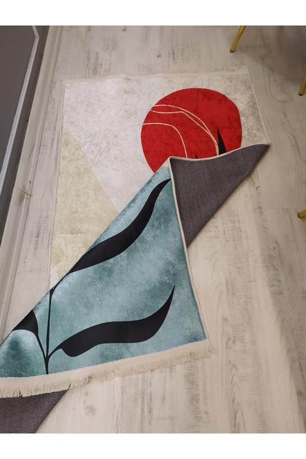 Kaymaz Tabanlı Yıkanabilir Minimal Çiçek Dalı Desenli Dokuma Taban Halı