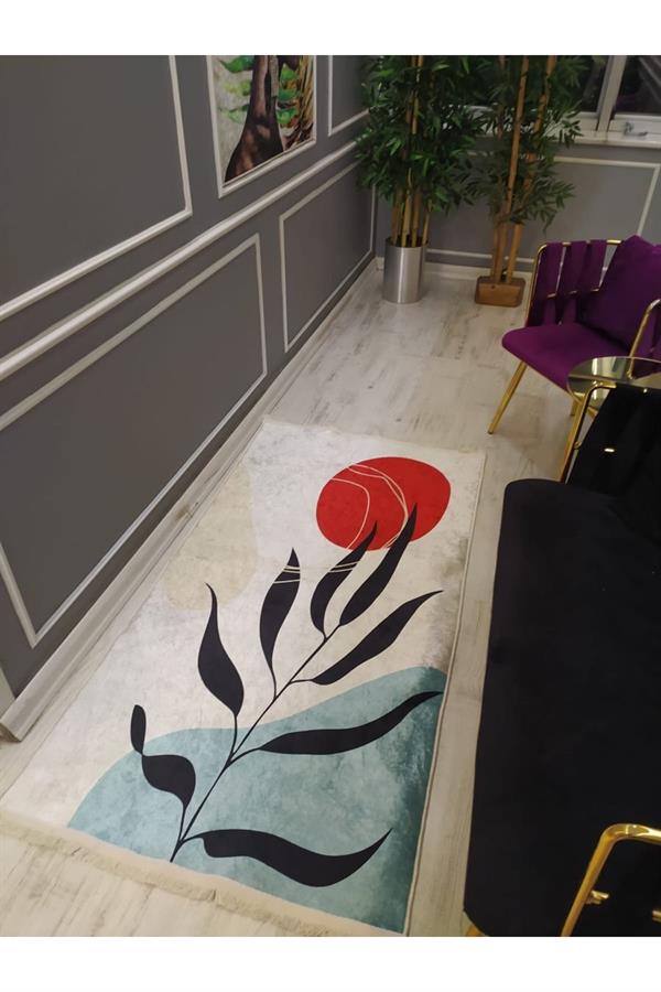 Kaymaz Tabanlı Yıkanabilir Minimal Çiçek Dalı Desenli Dokuma Taban Halı