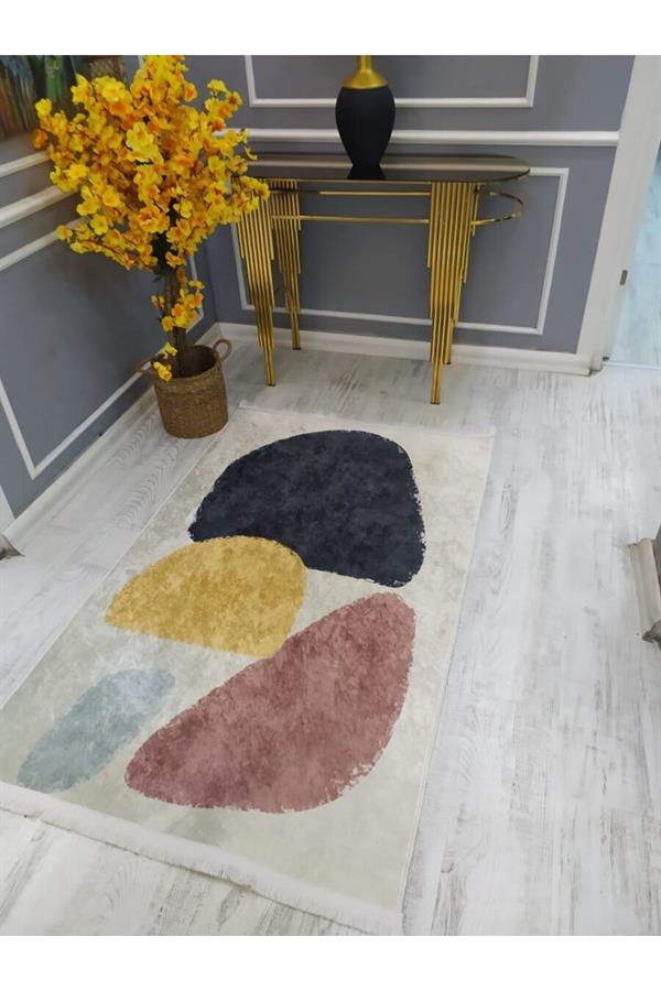 Kaymaz Tabanlı Yıkanabilir Minimal Soyut Desenli Dokuma Taban Halı