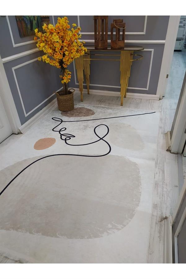 Kaymaz Tabanlı Yıkanabilir Minimal Soyut Desenli Dokuma Taban Halı
