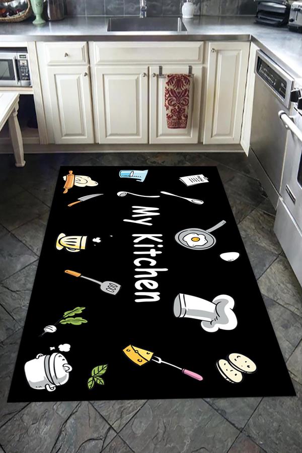 Kaymaz Tabanlı Yıkanabilir My Kitchen Desenli Dot Taban Halı