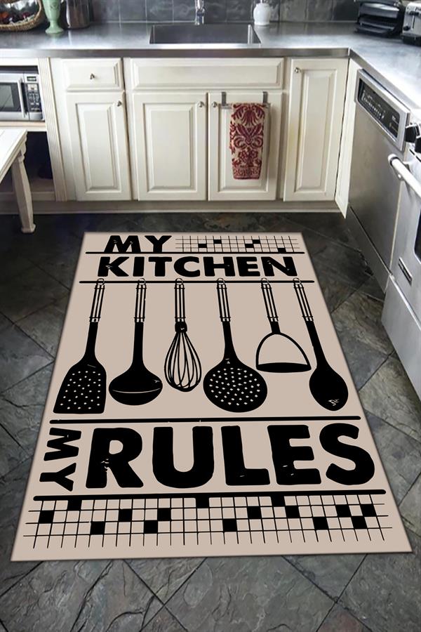 Kaymaz Tabanlı Yıkanabilir My Kitchen My Rules Desenli Dot Taban Halı