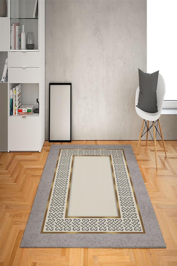 Kaymaz Tabanlı Yıkanabilir Ortası Çerçeveli Desenli Dot Taban Halı