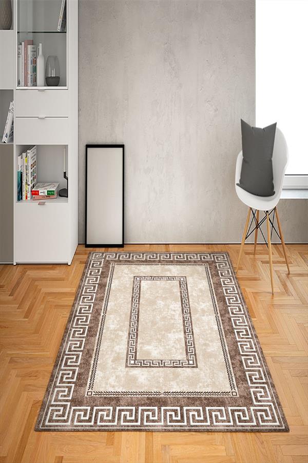 Kaymaz Tabanlı Yıkanabilir Ortası Çerçeve Desenli Dot Taban Halı