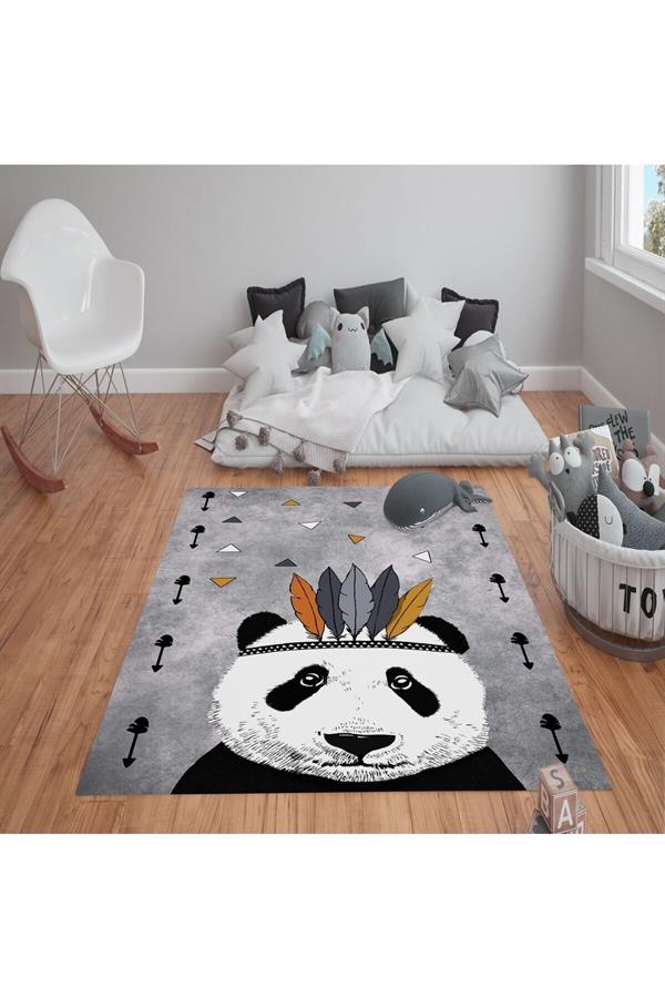 Kaymaz Tabanlı Yıkanabilir Panda Desenli Çocuk Halısı Dot Taban Halı