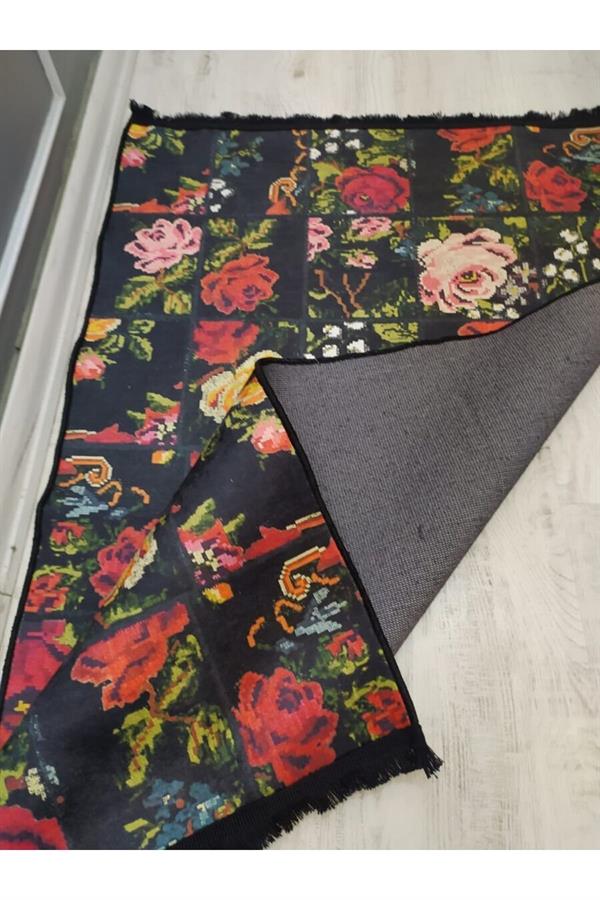 Kaymaz Tabanlı Yıkanabilir Patchwork Karabağ Kilim Desenli Dokuma Taban Halı