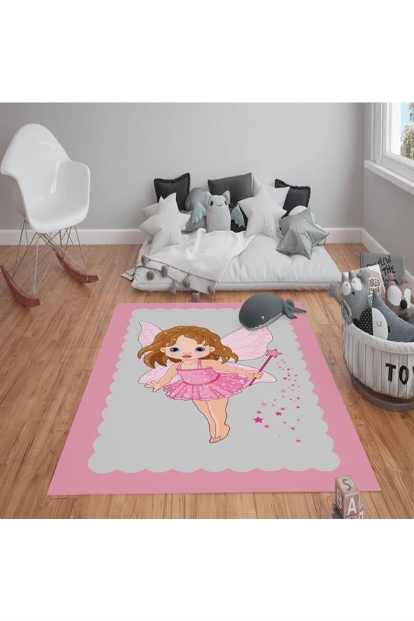 Kaymaz Tabanlı Yıkanabilir Prenses Kız Desenli Çocuk Halısı Dot Taban Halı
