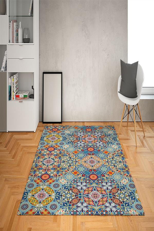 Kaymaz Tabanlı Yıkanabilir Renkli Geometrik Desenli Dot Taban Halı