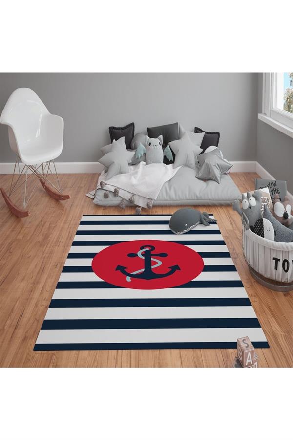 Kaymaz Tabanlı Yıkanabilir Şerit Çapa Desenli Çocuk Halısı Dot Taban Halı