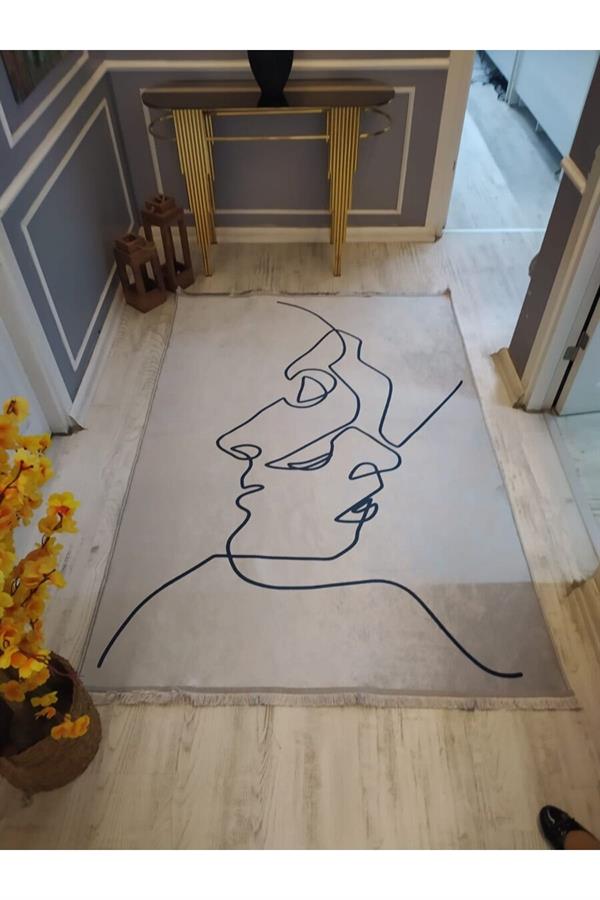Kaymaz Tabanlı Yıkanabilir Slüet Desenli Dokuma Taban Halı