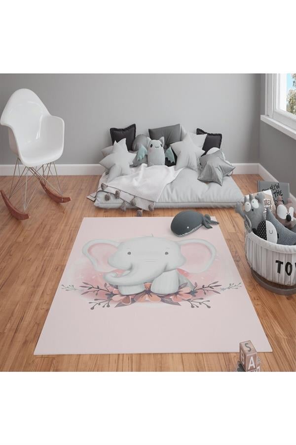 Kaymaz Tabanlı Yıkanabilir Tatlı Fil Desenli Çocuk Halısı Dot Taban Halı