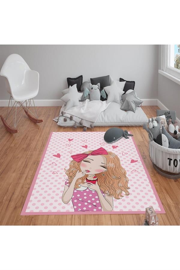 Kaymaz Tabanlı Yıkanabilir Tatlı Kız Desenli Çocuk Halısı Dot Taban Halı