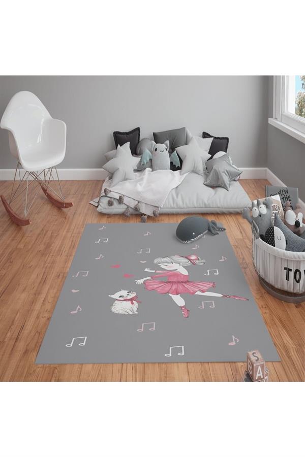 Kaymaz Tabanlı Yıkanabilir Tatlı Kız Kedi ve Nota Desenli Çocuk Halısı Dot Taban Halı