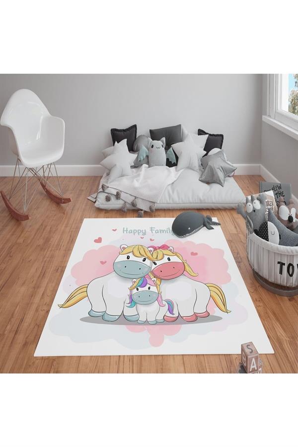 Kaymaz Tabanlı Yıkanabilir Tatlı Unicornlar Desenli Çocuk Halısı Dot Taban Halı