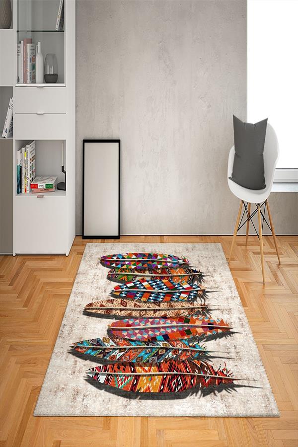 Kaymaz Tabanlı Yıkanabilir Tüy Desenli Dot Taban Halı