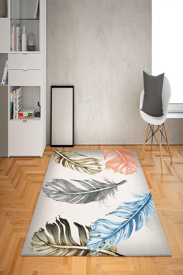Kaymaz Tabanlı Yıkanabilir Tüy Desenli Dot Taban Halı
