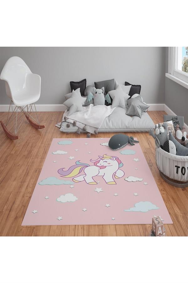 Kaymaz Tabanlı Yıkanabilir Unicorn Desenli Çocuk Halısı Dot Taban Halı