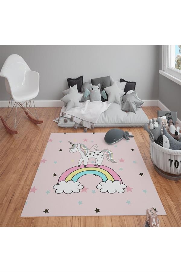 Kaymaz Tabanlı Yıkanabilir Unicorn Desenli Çocuk Halısı Dot Taban Halı