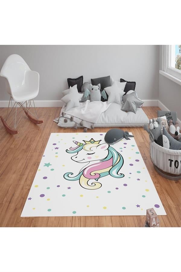 Kaymaz Tabanlı Yıkanabilir Unicorn Desenli Çocuk Halısı Dot Taban Halı