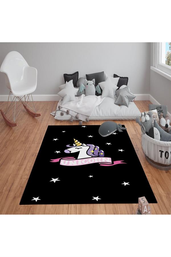 Kaymaz Tabanlı Yıkanabilir Unicorn Desenli Çocuk Halısı Dot Taban Halı