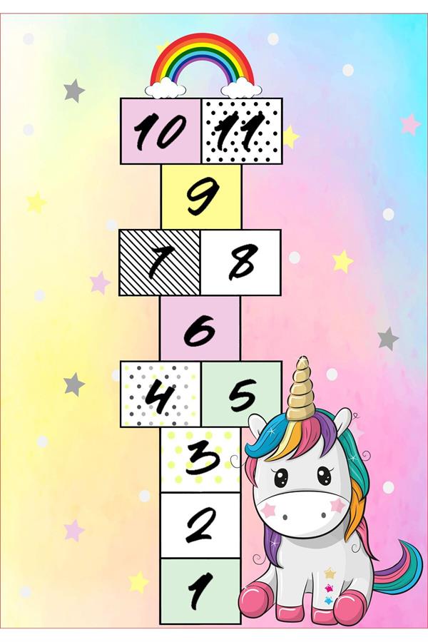 Kaymaz Tabanlı Yıkanabilir Unicorn Detay Seksek Desenli Çocuk Halısı Dot Taban Halı