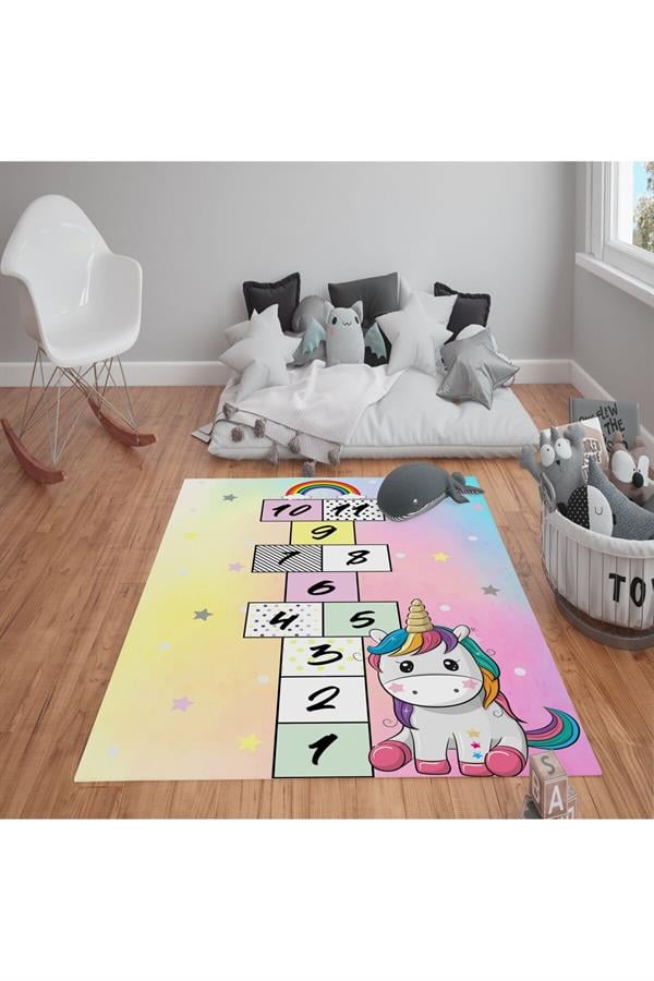 Kaymaz Tabanlı Yıkanabilir Unicorn Detay Seksek Desenli Çocuk Halısı Dot Taban Halı