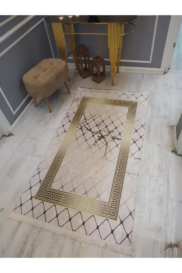 Kaymaz Tabanlı Yıkanabilir Versace Granit Çerçeve Desenli Dokuma Taban Halı
