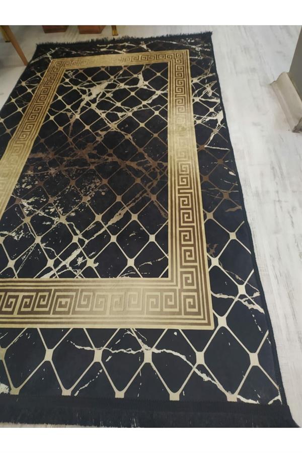 Kaymaz Tabanlı Yıkanabilir Versace Granit Çerçeve Desenli Dokuma Taban Halı