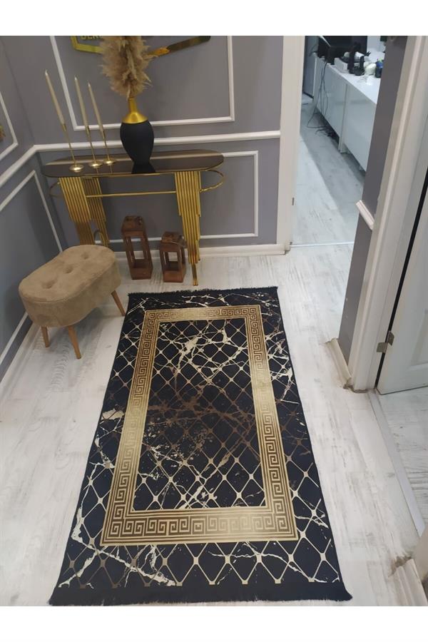 Kaymaz Tabanlı Yıkanabilir Versace Granit Çerçeve Desenli Dokuma Taban Halı