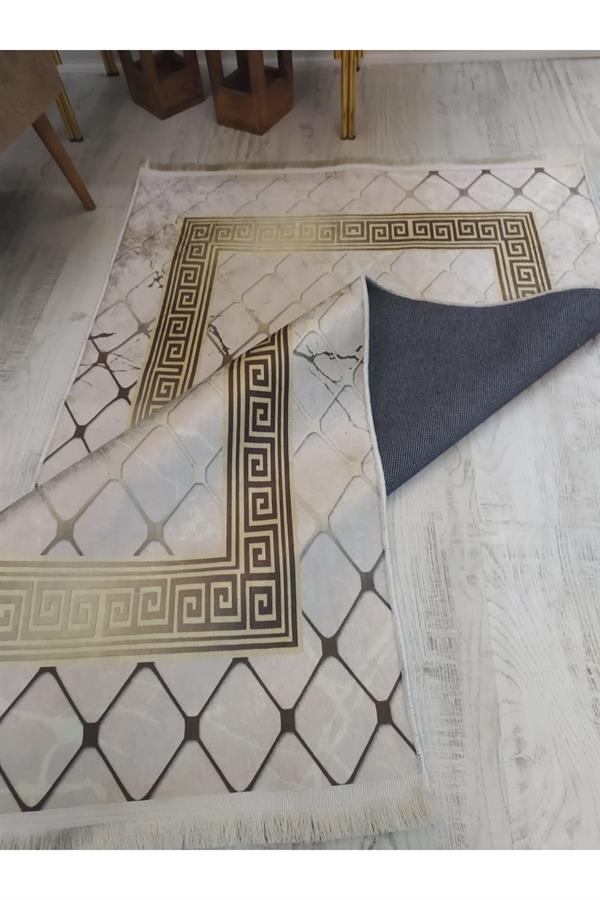 Kaymaz Tabanlı Yıkanabilir Versace Granit Çerçeve Desenli Dokuma Taban Halı