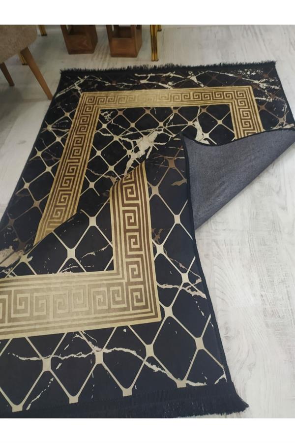 Kaymaz Tabanlı Yıkanabilir Versace Granit Çerçeve Desenli Dokuma Taban Halı