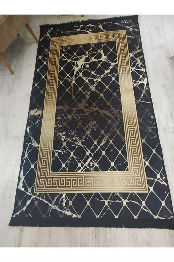 Kaymaz Tabanlı Yıkanabilir Versace Granit Çerçeve Desenli Dokuma Taban Halı