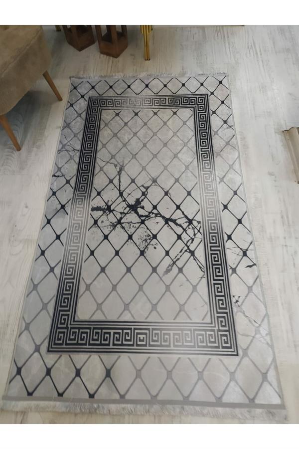 Kaymaz Tabanlı Yıkanabilir Versace Granit Çerçeve Desenli Dokuma Taban Halı