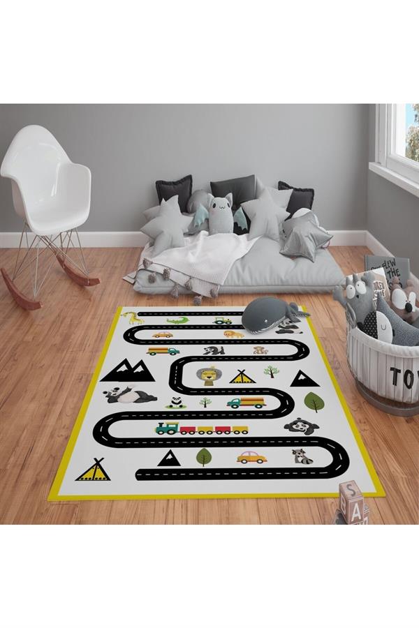 Kaymaz Tabanlı Yıkanabilir Yol ve Jungle Desenli Çocuk Halısı Dot Taban Halı