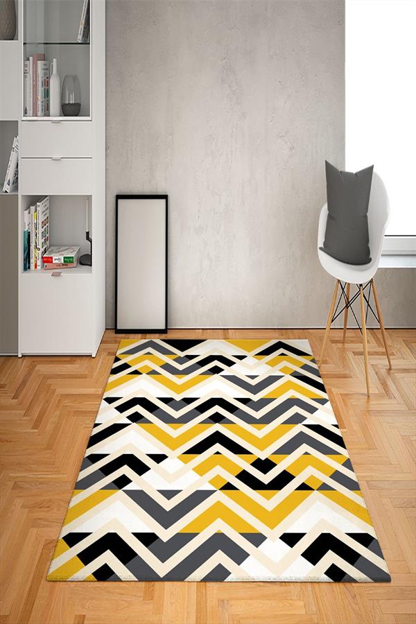 Kaymaz Tabanlı Yıkanabilir Zigzag Desenli Dot Taban Halı