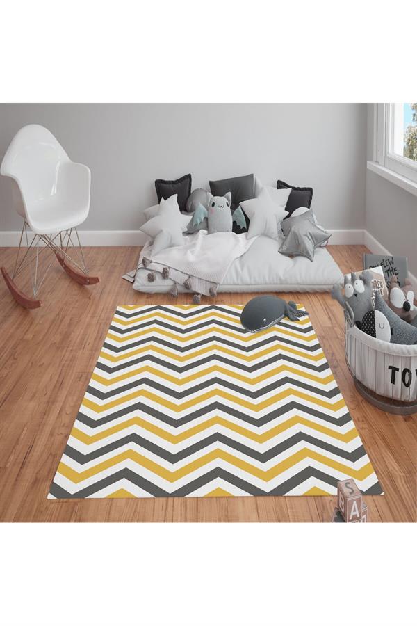 Kaymaz Tabanlı Yıkanabilir Zigzag Desenli Çocuk Halısı Dot Taban Halı