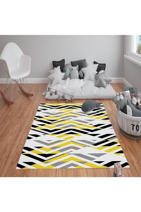Kaymaz Tabanlı Yıkanabilir Zigzag Desenli Çocuk Halısı Dot Taban Halı