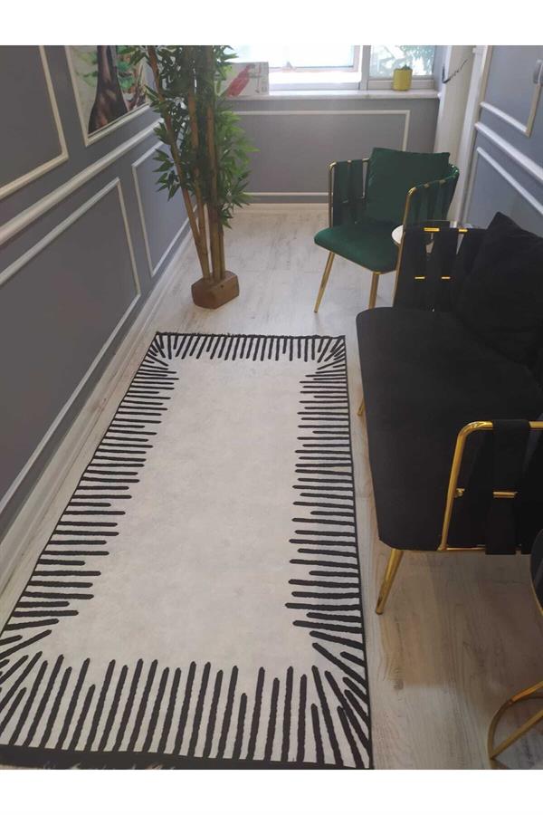 Kenarları Çizgili Desenli Kaymaz Taban Yıkanabilir Leke Tutmaz Dokuma Taban Halı Drk-8009-2