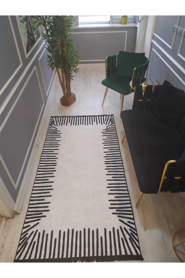 Kenarları Çizgili Desenli Kaymaz Taban Yıkanabilir Leke Tutmaz Dokuma Taban Halı Drk-8009-2