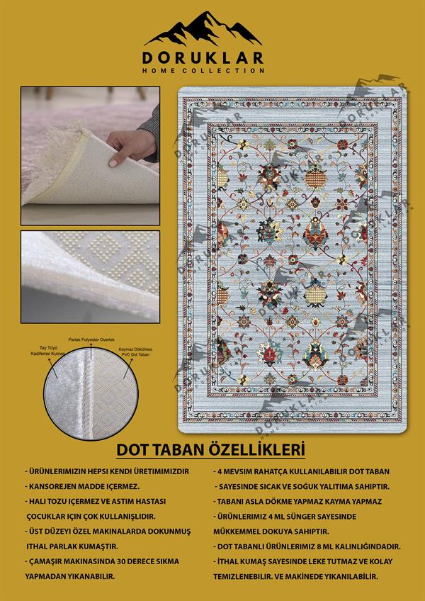 Klasik Desenli Açık Mavi Kaymaz Taban Yıkanabilir Leke Tutmaz Dot Taban Halı