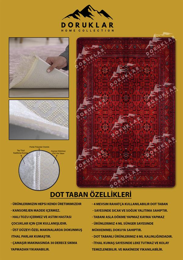 Klasik Desenli Kırmızı Kaymaz Taban Yıkanabilir Leke Tutmaz Dot Taban Halı