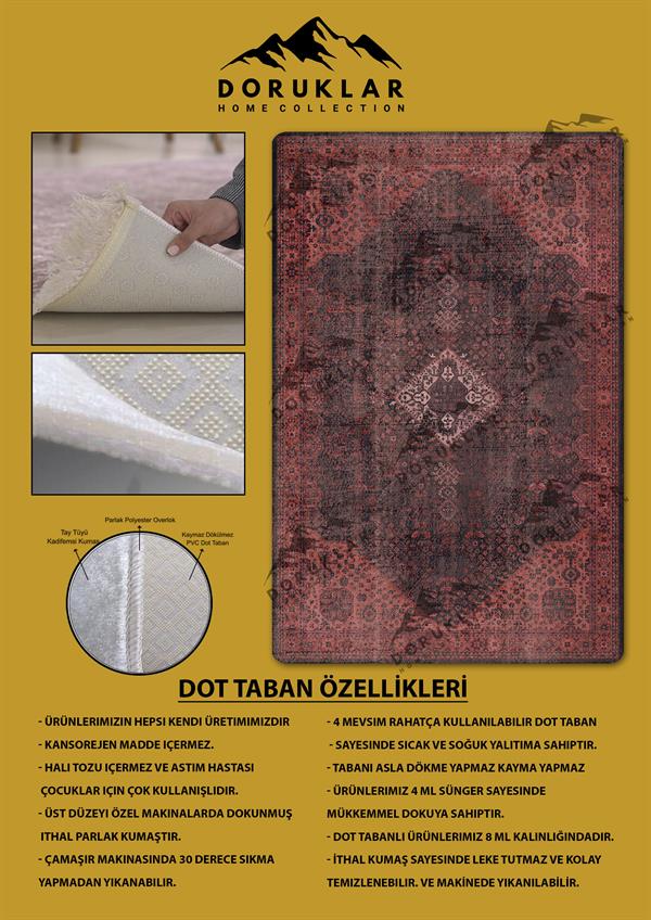 Klasik Desenli Kırmızı Renk Kaymaz Taban Yıkanabilir Leke Tutmaz Dot Taban Halı