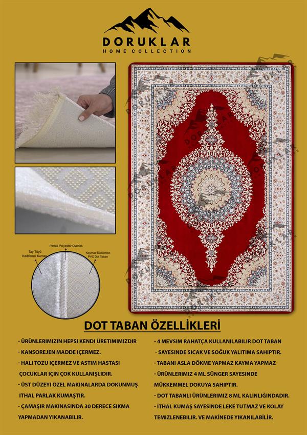 Klasik Desenli Kırmızı Renk Kaymaz Taban Yıkanabilir Leke Tutmaz Dot Taban Halı