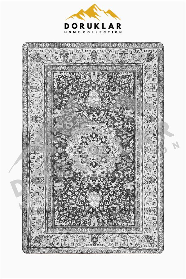 Klasik Gri Desenli Süngerli Kaymaz Dot Taban Dijital Baskı Halı H0828